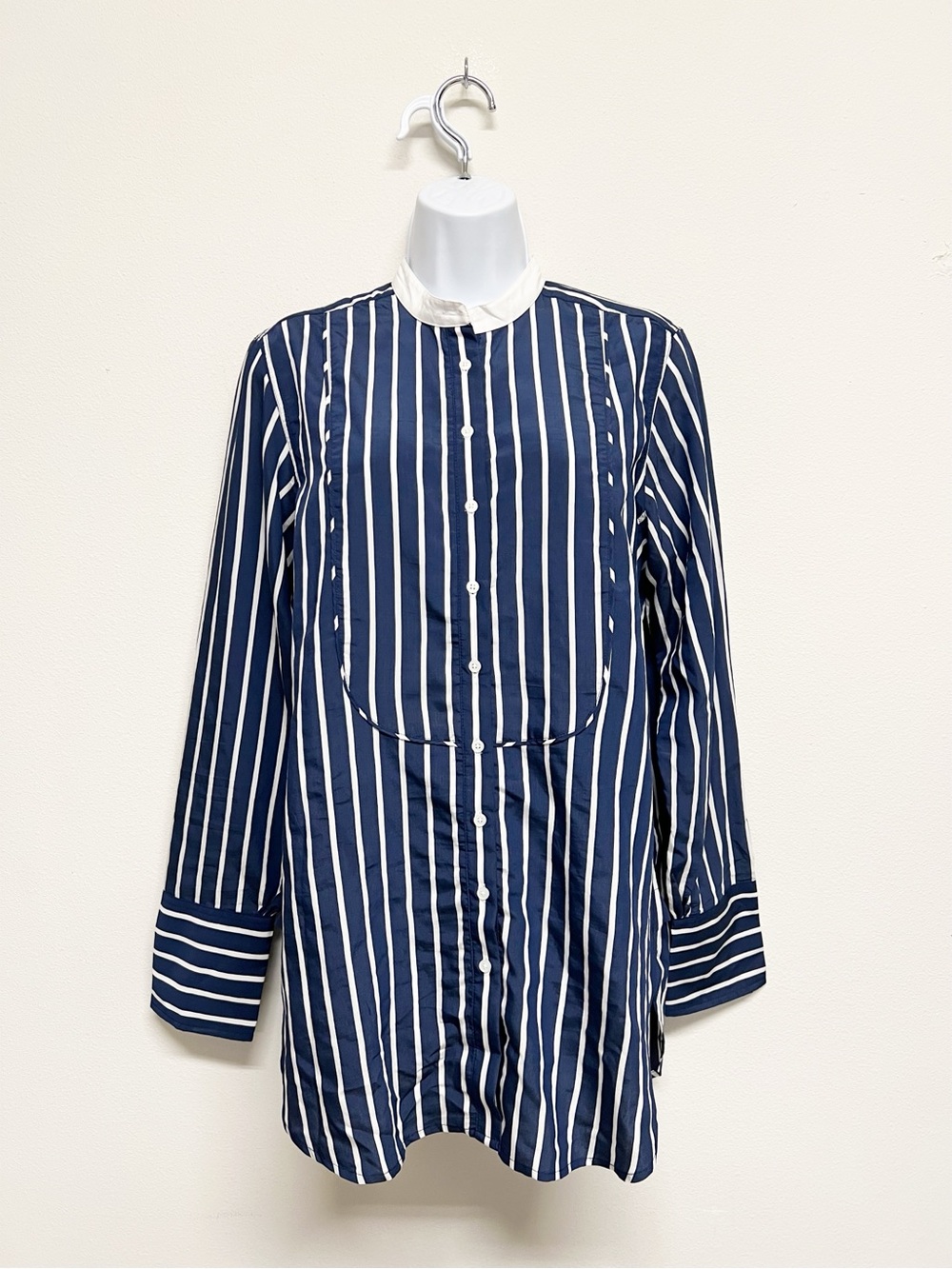 J Crew Womens Navy White Vertical Stripe Tuxedo Bib Button Up Shirt Size S